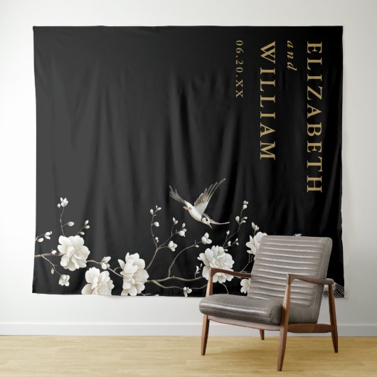 Zwart en goud Chinoiserie bruiloft foto achtergron Wandkleed (In Situ (horizontaal))