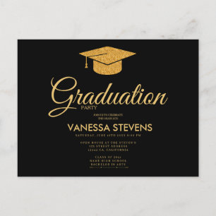 Zwart en Goud Classic Graduation Cap Party Uitnodiging Briefkaart