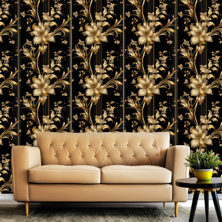 Zwart en Goud Classy Elegant Bloemen Patroon Behang
