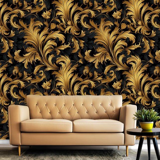 Zwart en Goud Classy Elegant Patroon Behang (Black and Gold Classy Elegant Pattern Wallpaper)