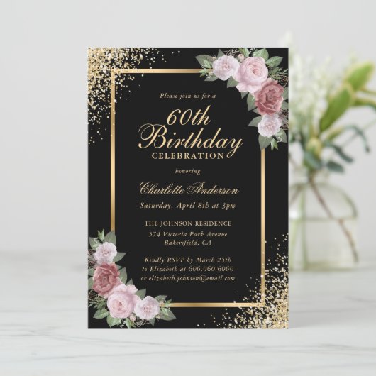 Zwart en Goud Confetti Blush Bloemen 60ste Verjaar Kaart (Staand voorkant)