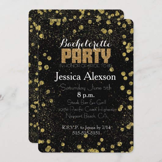 Zwart en Goud Confetti Faux Glitter Bachelorette Kaart (Voorkant / Achterkant)