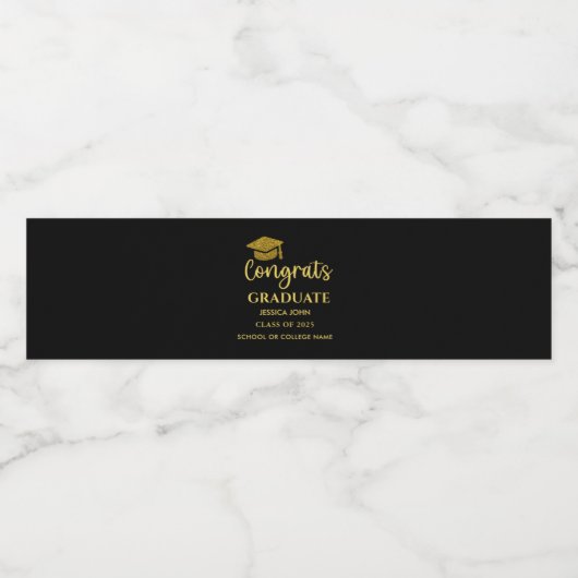 Zwart en Goud Congrats Afstuderen Afstuderen Waterfles Etiket (Enkel label)