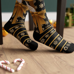 Zwart en Goud Coquette Bow Snowflake Stripe Sokken