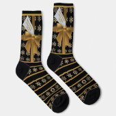 Zwart en Goud Coquette Bow Snowflake Stripe Sokken (Rechts)