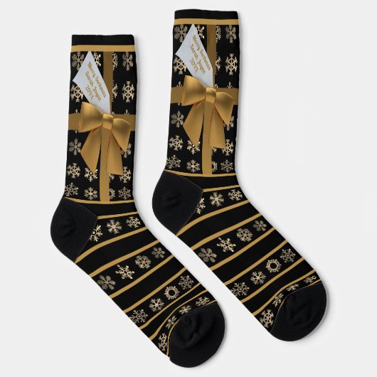 Zwart en Goud Coquette Bow Snowflake Stripe Sokken (Rechts)
