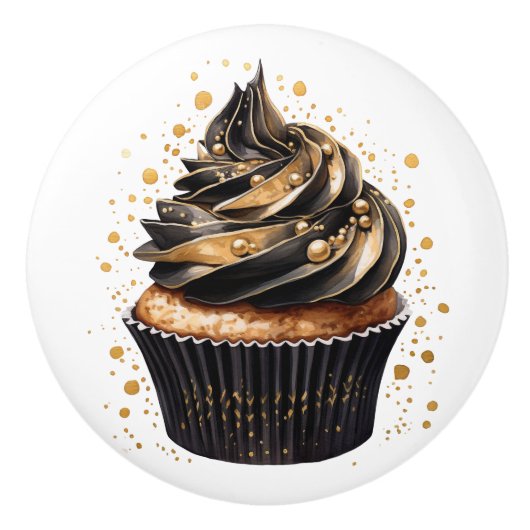Zwart en Goud Cupcakes Keramische Knoppen (Voorkant)