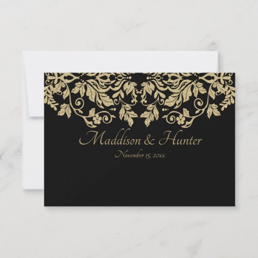 Zwart en goud Damask en Bourgondische Bow Response RSVP Kaartje (Achterkant)