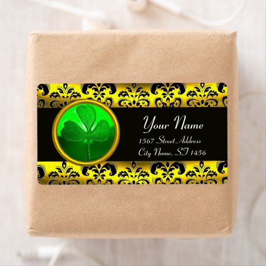 ZWART EN GOUD DAMASK, GROENE SHAMROCK ETIKET (Insitu)