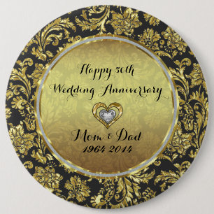 Zwart en Goud Damasks 50e bruiloft Jubileum Ronde Button 6,0 Cm
