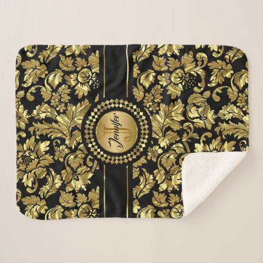 Zwart en goud Damasks Monogram Sherpa Deken (Voorkant (horizontaal))
