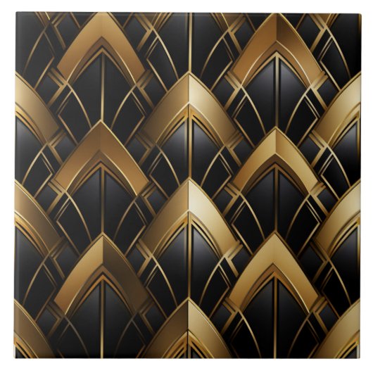 Zwart en Goud Deco, Zigzags en Lines Tegeltje (Voorkant)