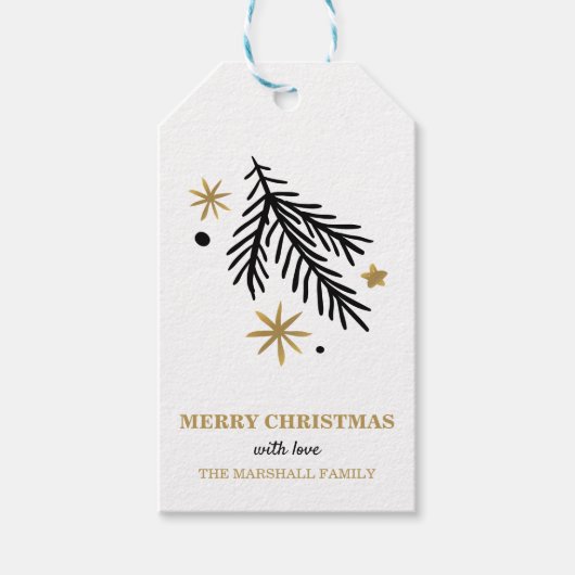Zwart en goud dennen en ster doodle kerst cadeaulabel (Voorkant)