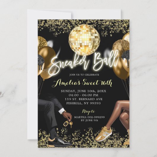 Zwart en Goud Disco Sneaker Ball Verjaardag Kaart (Voorkant)