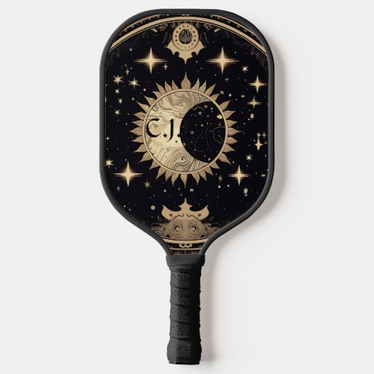 Zwart en Goud Eerie Gotische Zon Maan Monogram Pickleball Paddle (Achterkant)