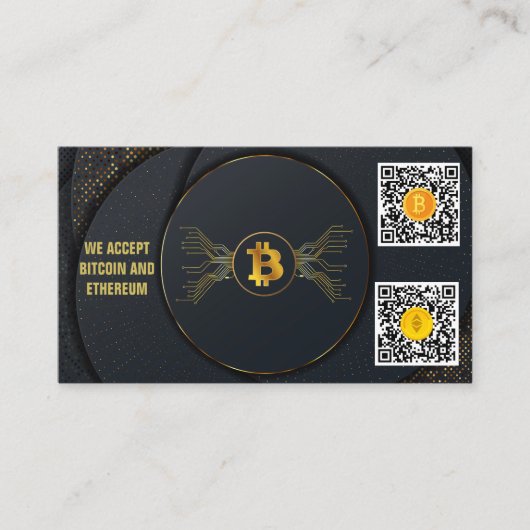 Zwart en goud Elegant accepteren we Bitcoin en ETH Visitekaartje (Voorkant)