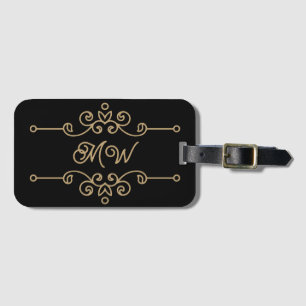  Zwart en Goud Elegant Bloeiend Monogram Bagagelabel