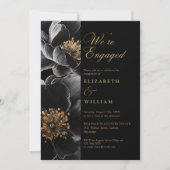Zwart en goud Elegant Bloemen Verlovingsfeest Kaart (Voorkant)