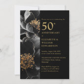 Zwart en goud elegant bloemendesign 50ste verjaard kaart (Voorkant)