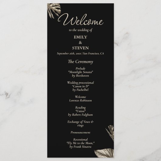 Zwart en goud elegant botanisch huwelijksprogramma programma (Voorkant)