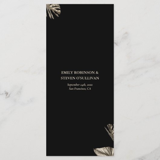 Zwart en Goud Elegant Botanische Bruiloft Menu (Achterkant)