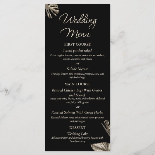 Zwart en Goud Elegant Botanische Bruiloft Menu (Voorkant)