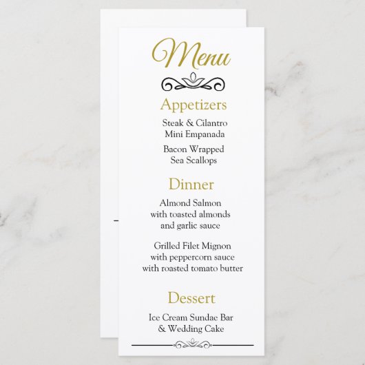 Zwart en Goud Elegant Bruiloft Menu Kaart (Voorkant / Achterkant)