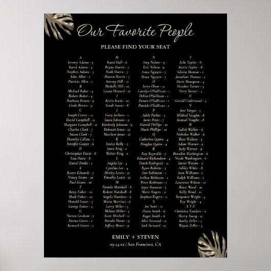 Zwart en Goud Elegant Bruiloft Zitkaarten Teken Poster (Voorkant)