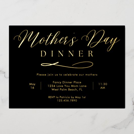 Zwart en Goud Elegant Fancy Moederdag Diner Folie Uitnodiging (Voorkant)