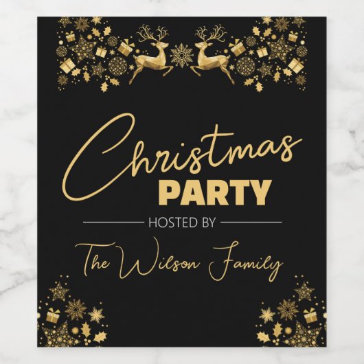 Zwart en Goud Elegant Kerstfeest Wijn Etiket (Enkel label)