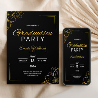 Zwart en goud Elegant Modern Afstudeerfeest Kaart