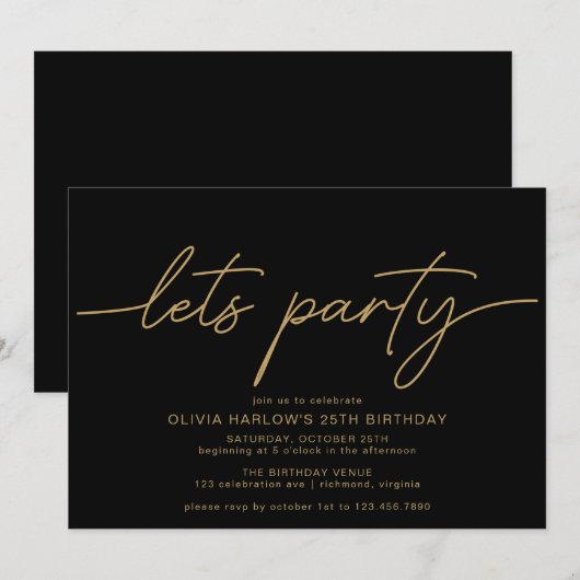 Zwart en Goud | Elegant modern verjaardagsfeestje Kaart (Voorkant / Achterkant)