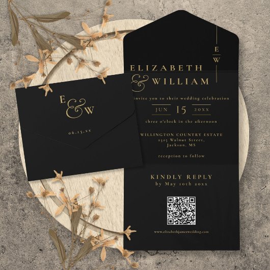 Zwart en goud Elegant Monogram QR Code Huwelijk All In One Uitnodiging