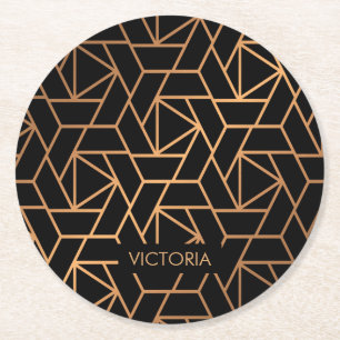 Zwart en goud elegant patroon ronde kartonnen onderzetter