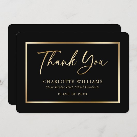 Zwart en Goud Elegant Script Afstuderen Bedankkaart (Voorkant / Achterkant)