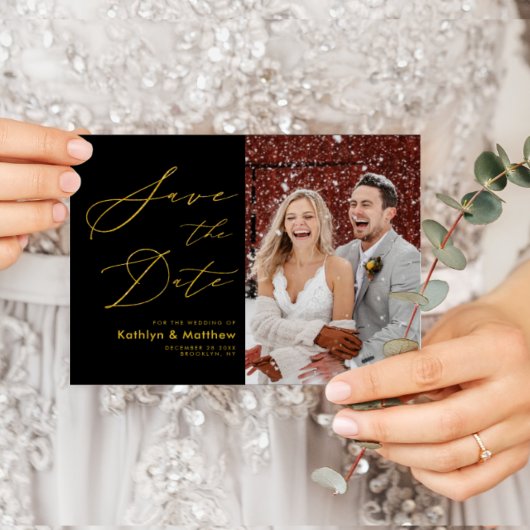 Zwart en goud elegant script opslaan Datum Aankondigingskaart