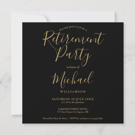 Zwart en Goud Elegant Script Pensioen Partij Kaart (Voorkant)