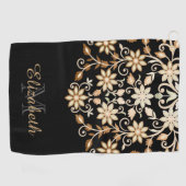 Zwart en Goud Elegante Bloemen Golfhanddoek (Horizontaal)