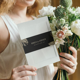 Zwart en Goud Elegante Botanische Moderne Huwelijk Uitnodigingen Wikkel