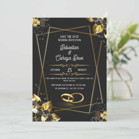 Zwart en goud elegante bruiloft kaart (Staand voorkant)