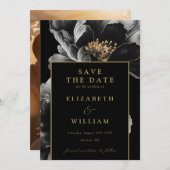 Zwart en goud Elegante Chic Bloemen Fotobruiloft Save The Date (Voorkant / Achterkant)