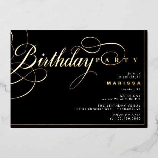 Zwart en Goud | Elegante Glam Any Age Verjaardag Folie Uitnodiging (Voorkant)