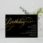 Zwart en Goud | Elegante Glam Any Age Verjaardag Folie Uitnodiging (Staand Voorkant)