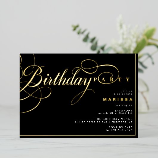 Zwart en Goud | Elegante Glam Any Age Verjaardag Folie Uitnodiging (Staand Voorkant)