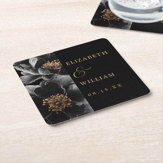 Zwart en goud elegante moderne bloemenbruiloft vierkante kartonnen onderzetter (Schuin)