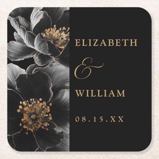 Zwart en goud elegante moderne bloemenbruiloft vierkante kartonnen onderzetter (Voorkant)
