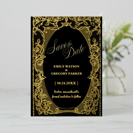 Zwart en Goud Elegantie, Kunst Lijst Folie Uitnodiging (Staand Voorkant)