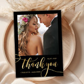 Zwart en goud enorme gouden script 2 foto bruiloft bedankkaart