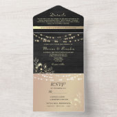 Zwart en goud Fairy Lights bruiloft All In One Uitnodiging (Binnen)