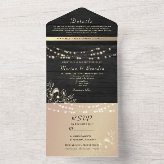 Zwart en goud Fairy Lights bruiloft All In One Uitnodiging (Binnen)